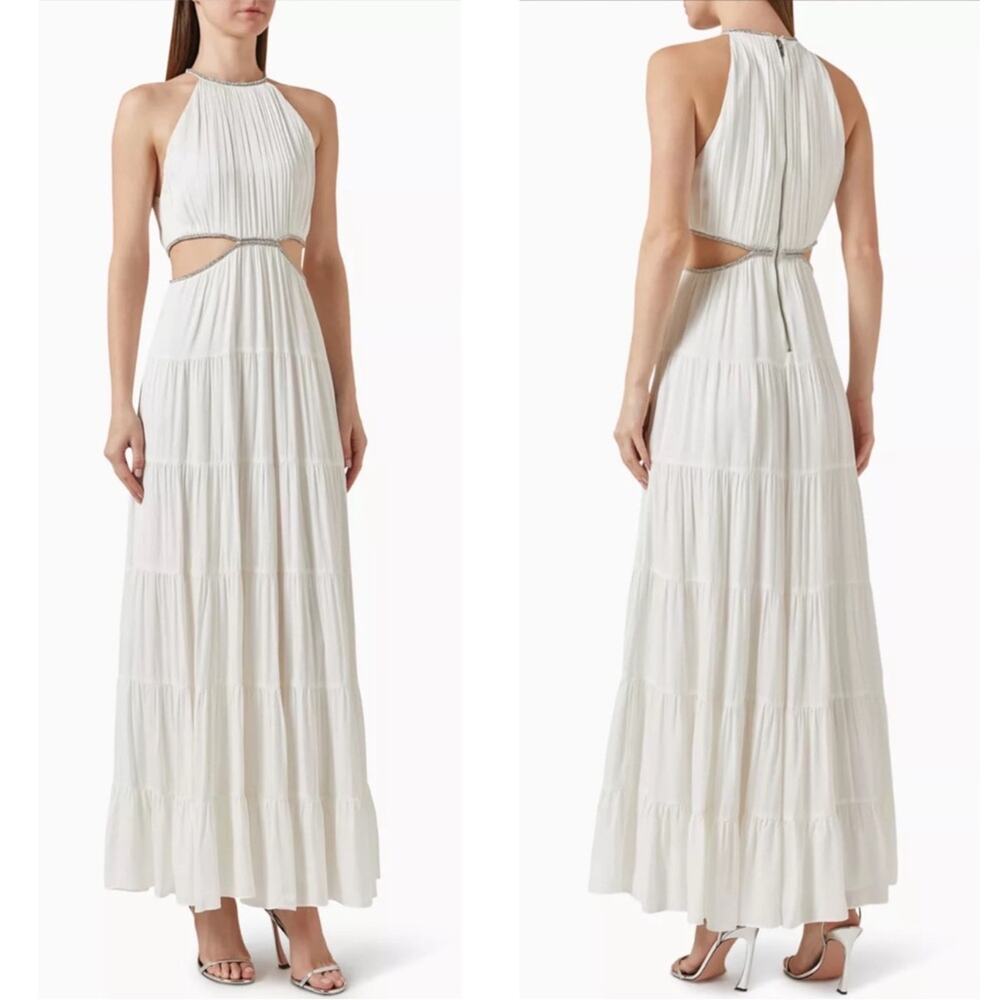 ALICE + OLIVIA Myrtice Crystal Embellished Cutout Pleated White Maxi Dress Sz 10